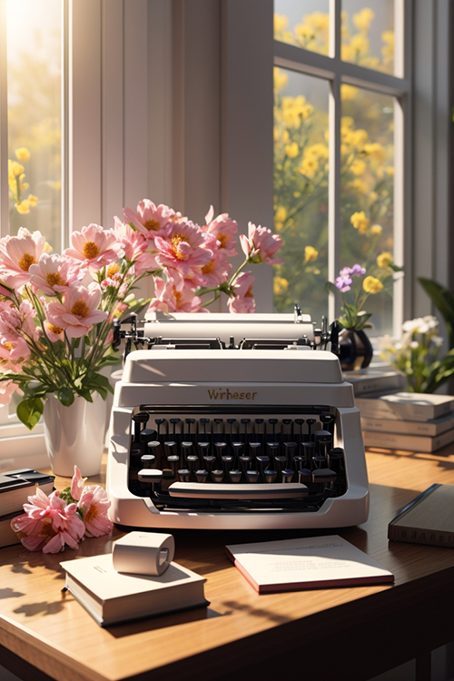 màquina d'escriure blanca a l'oficina amb flors